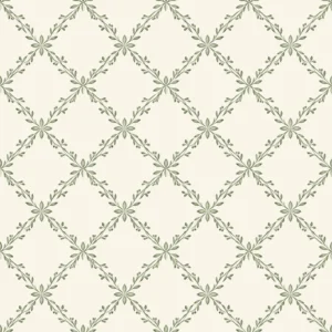 Sage Trellis design with green leafy vines forming a diamond lattice on cream
